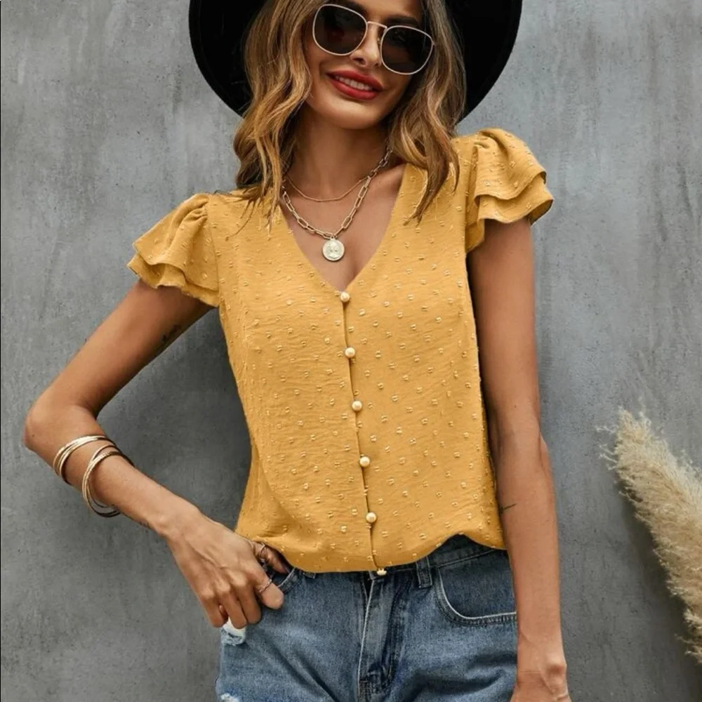 Swiss dot butterfly sleeve button detail blouse mustard yellow